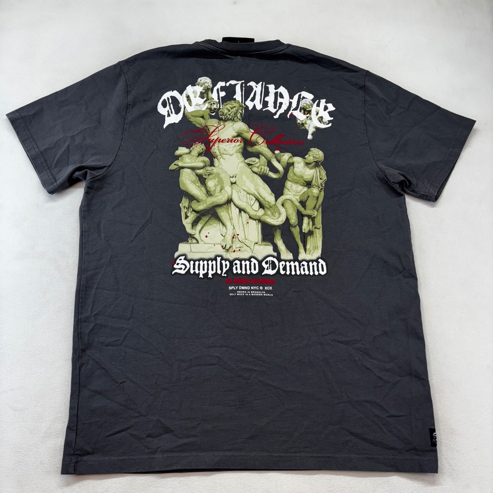 Supply and Demand T-Shirt Mens Large Gray Defiance Statue Graphic Tee